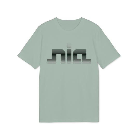 Light green t-shirt with black horizontal stripe logo text "nia".