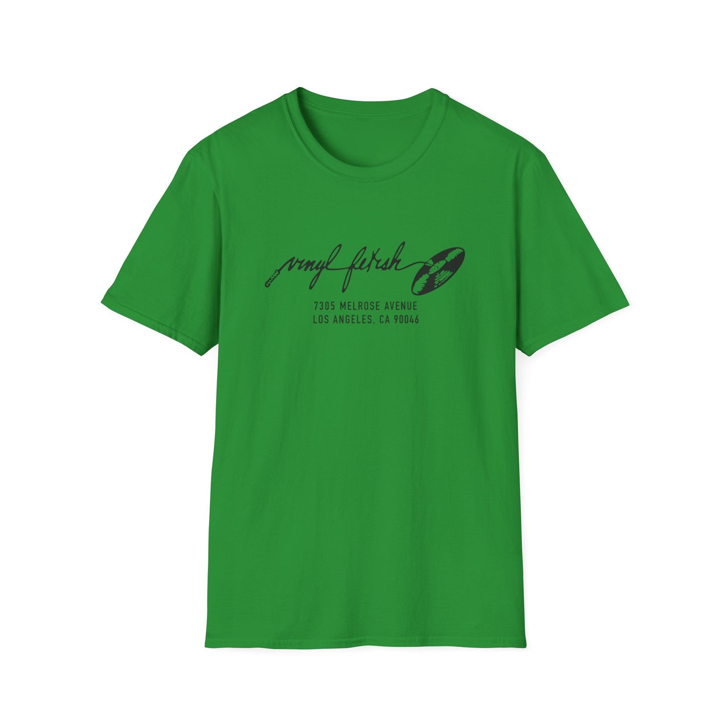Green t-shirt with "Vinyl Fetish" logo and Los Angeles address.