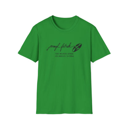 Green t-shirt with "Vinyl Fetish" logo and Los Angeles address.