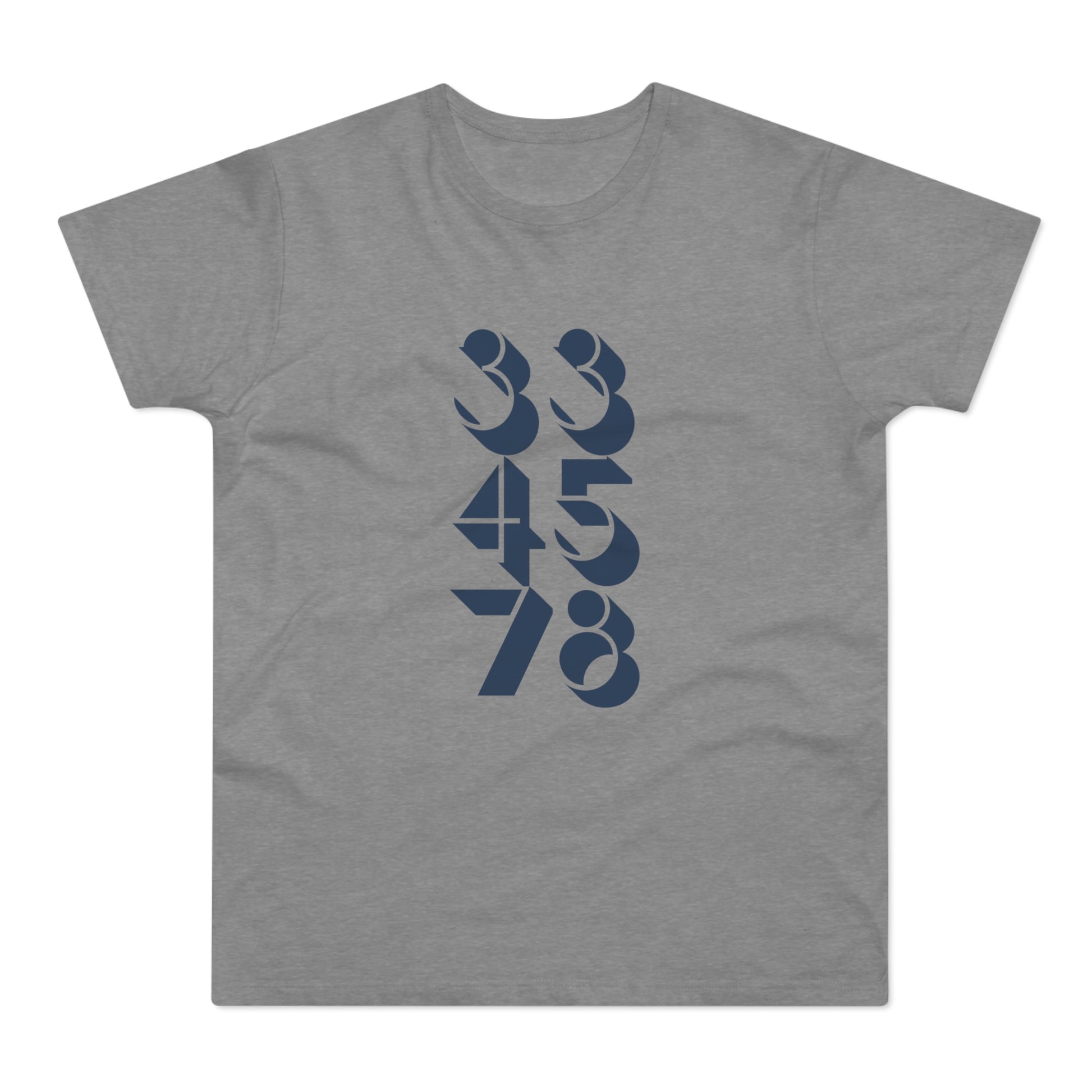 Grey t-shirt with navy blue 334578 text graphic.
