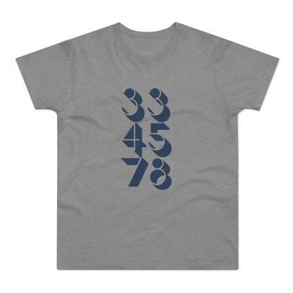 Grey t-shirt with navy blue 334578 text graphic.