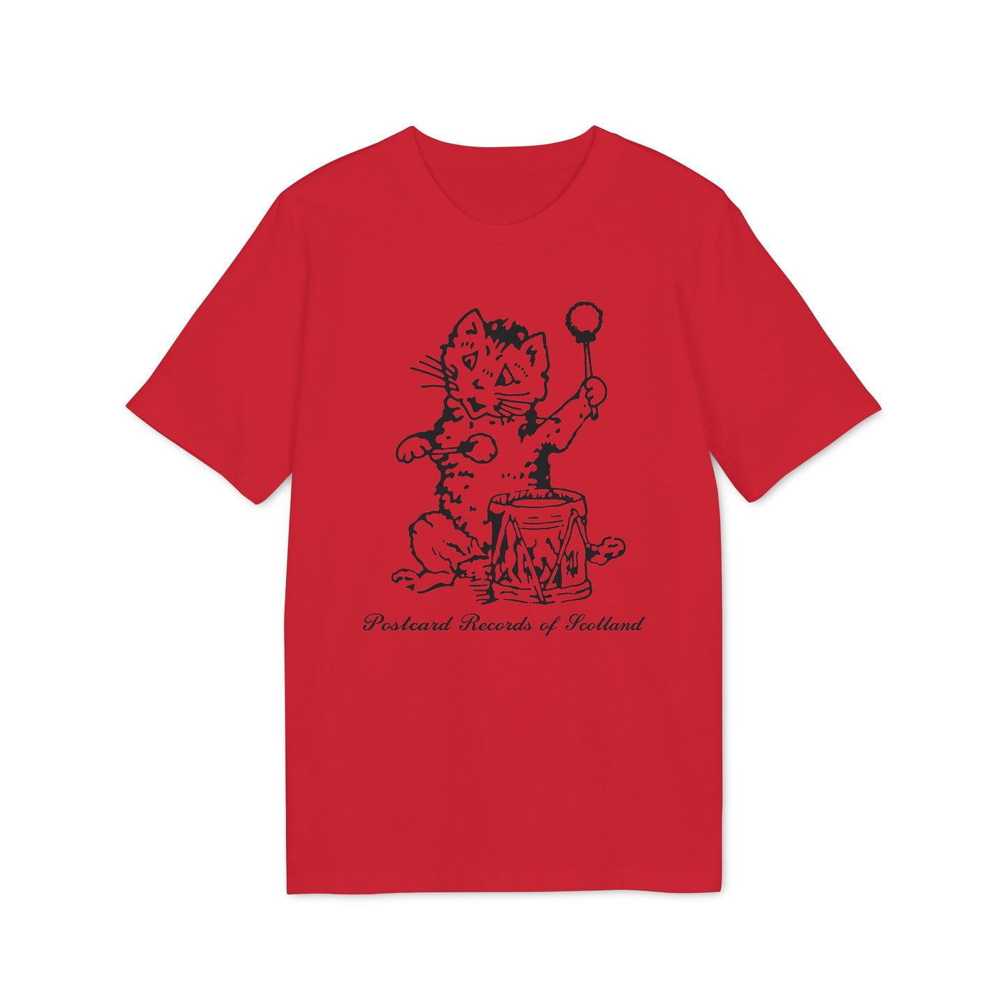 Red t-shirt with black illustration of a cat playing a drum with "Postcard Records of Scotland" text.