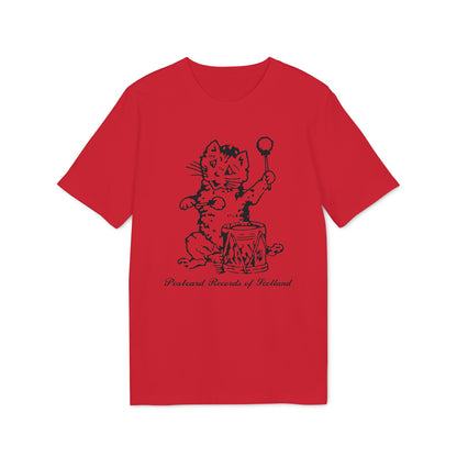 Red t-shirt with black illustration of a cat playing a drum with "Postcard Records of Scotland" text.