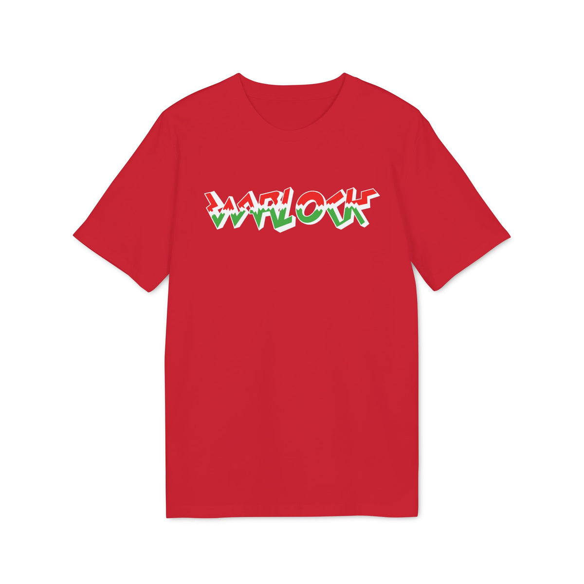 Red t-shirt with "WARLOCK" text in white, green, and red.