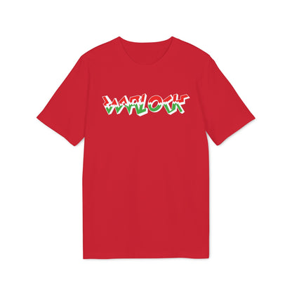 Red t-shirt with "WARLOCK" text in white, green, and red.