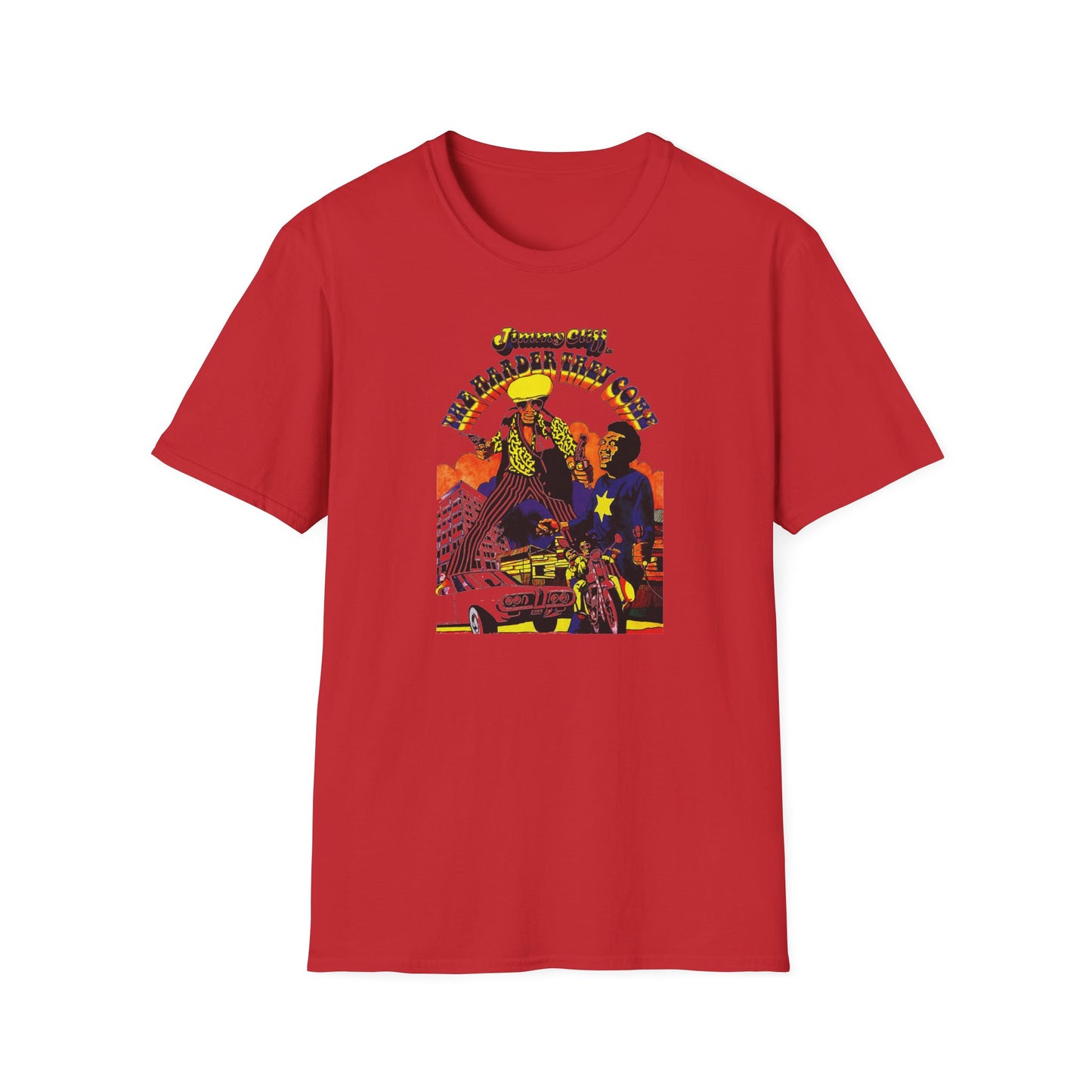Red t-shirt with graphic art featuring men, car, motorcycle, and text "Jimmy Cliff The harder they come".