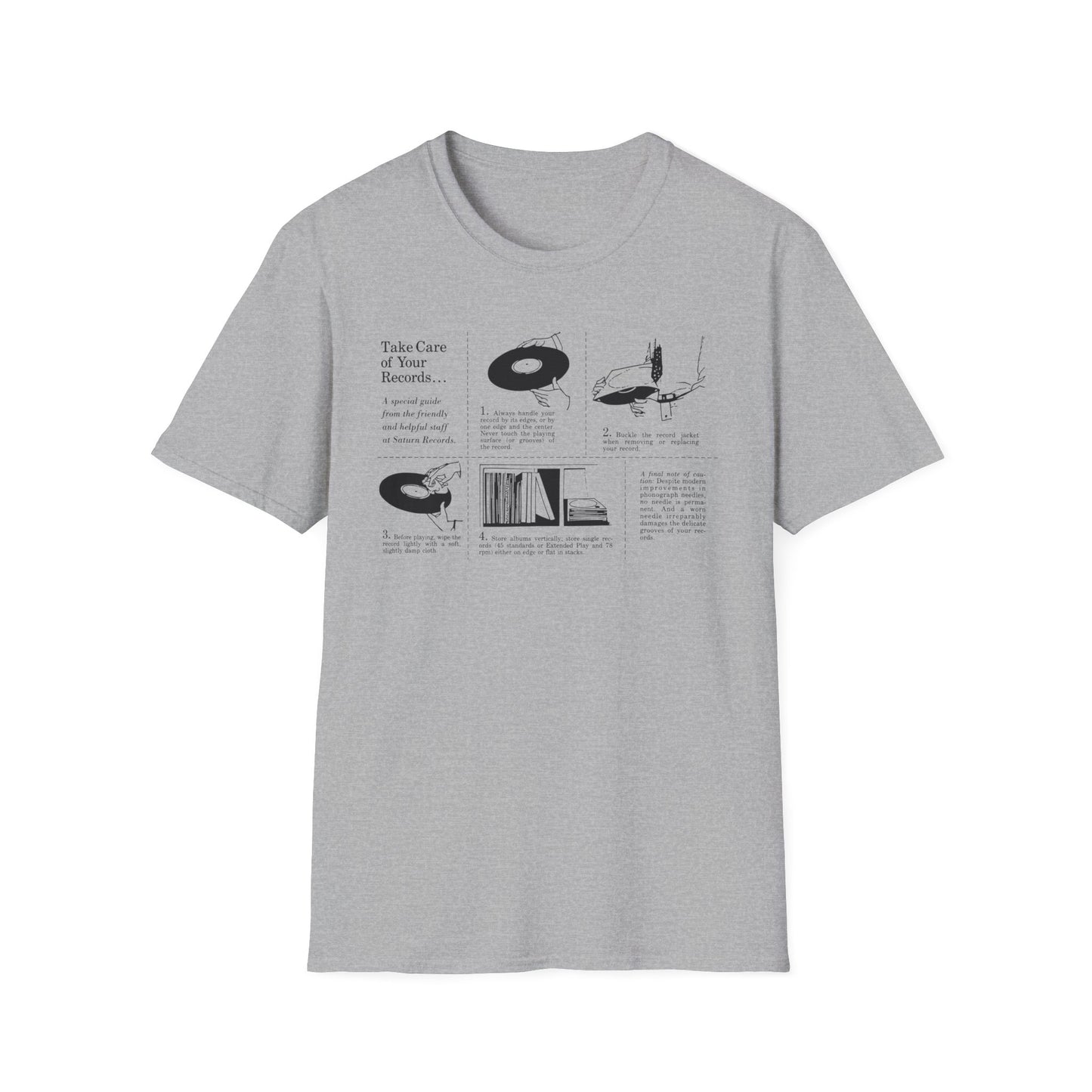Illustrations detail how to take care of records, including handling, cleaning, and storage.