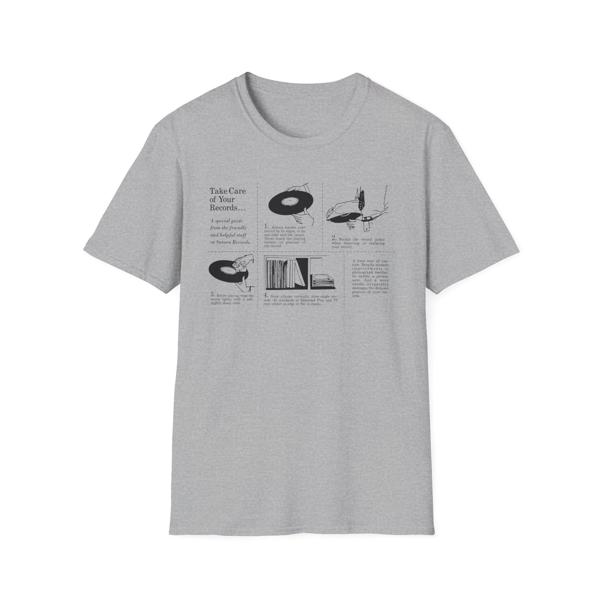 Illustrations detail how to take care of records, including handling, cleaning, and storage.