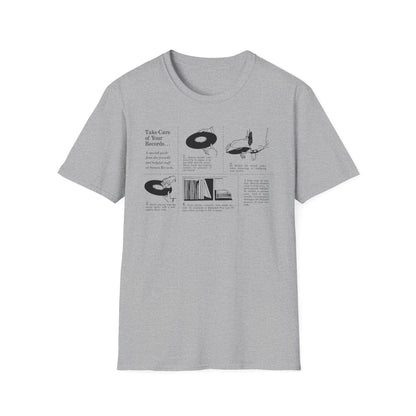 Illustrations detail how to take care of records, including handling, cleaning, and storage.