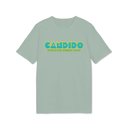 Light blue t-shirt with yellow and blue striped text "CANDIDO THOUSAND FINGER MAN".