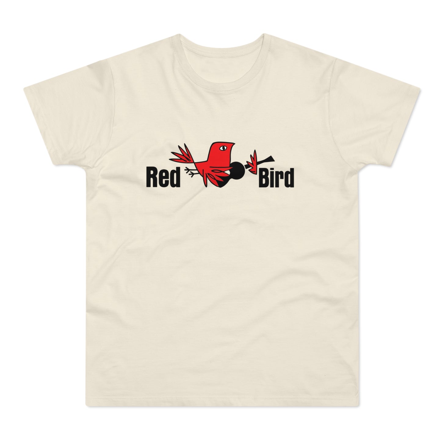 Cream t-shirt with "Red Bird" logo and cartoon red bird holding a black object.