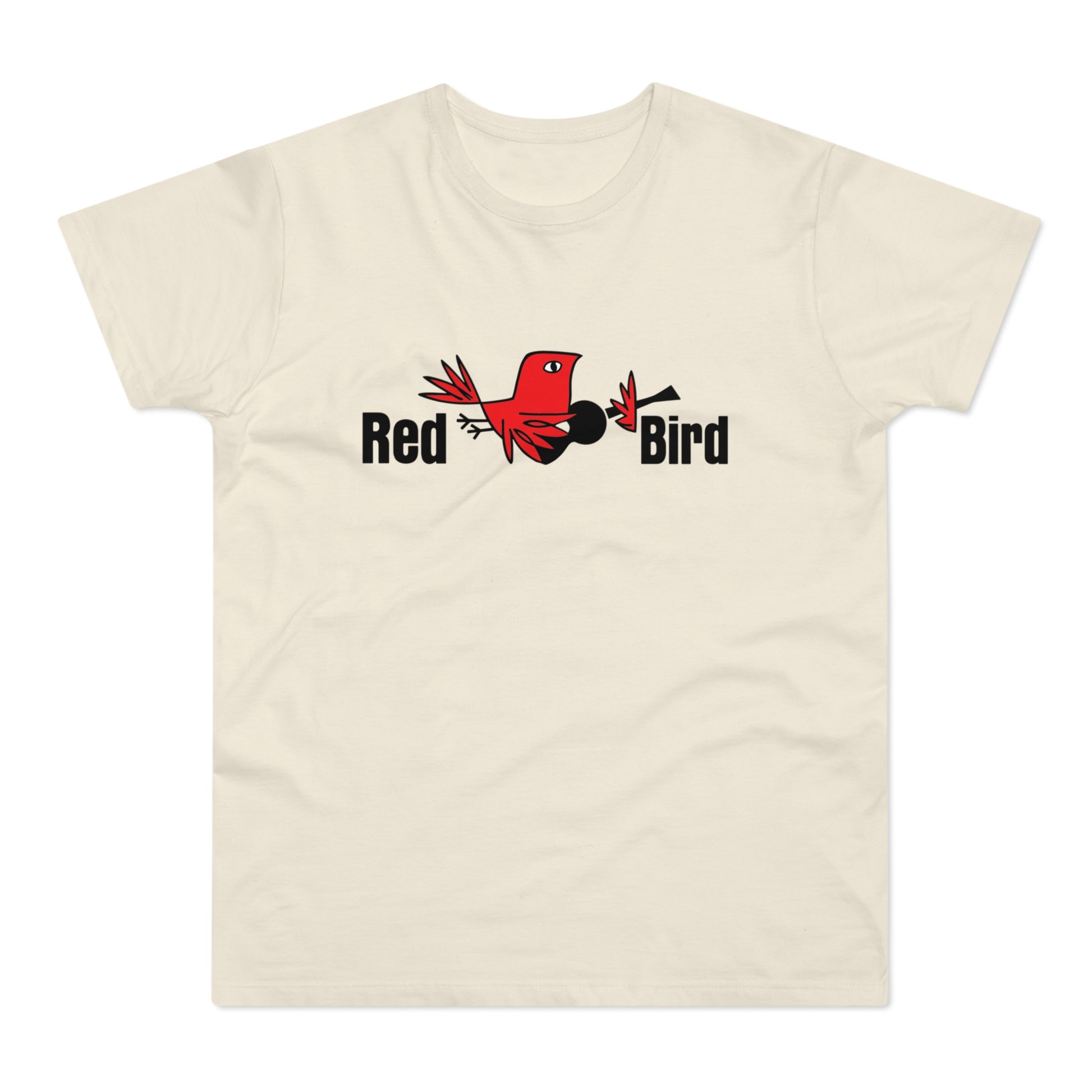Cream t-shirt with "Red Bird" logo and cartoon red bird holding a black object.