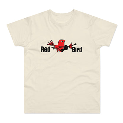 Cream t-shirt with "Red Bird" logo and cartoon red bird holding a black object.