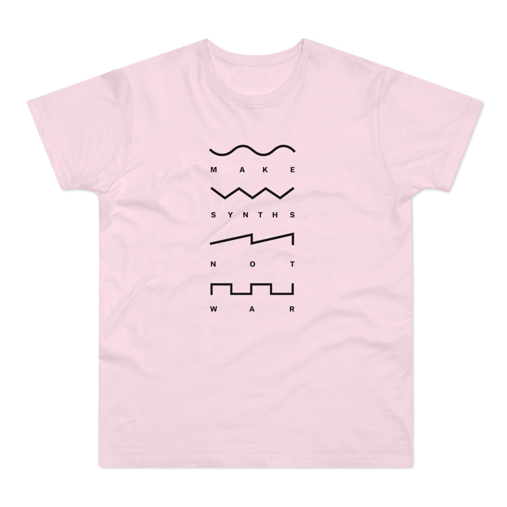 Light pink t-shirt with black graphic "MAKE SYNTHS NOT WAR".