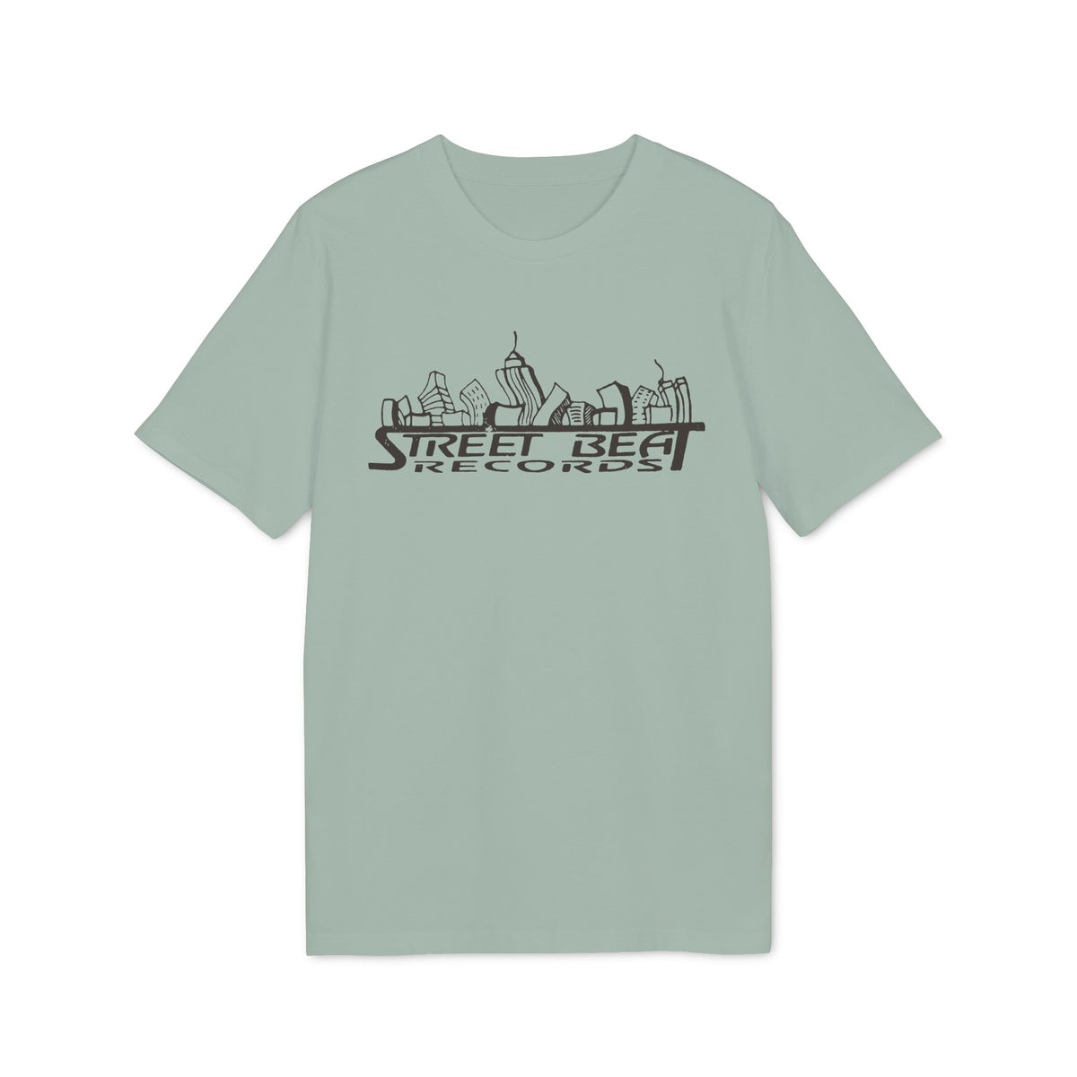 Light green t-shirt with "Street Beat Records" logo featuring a city skyline.