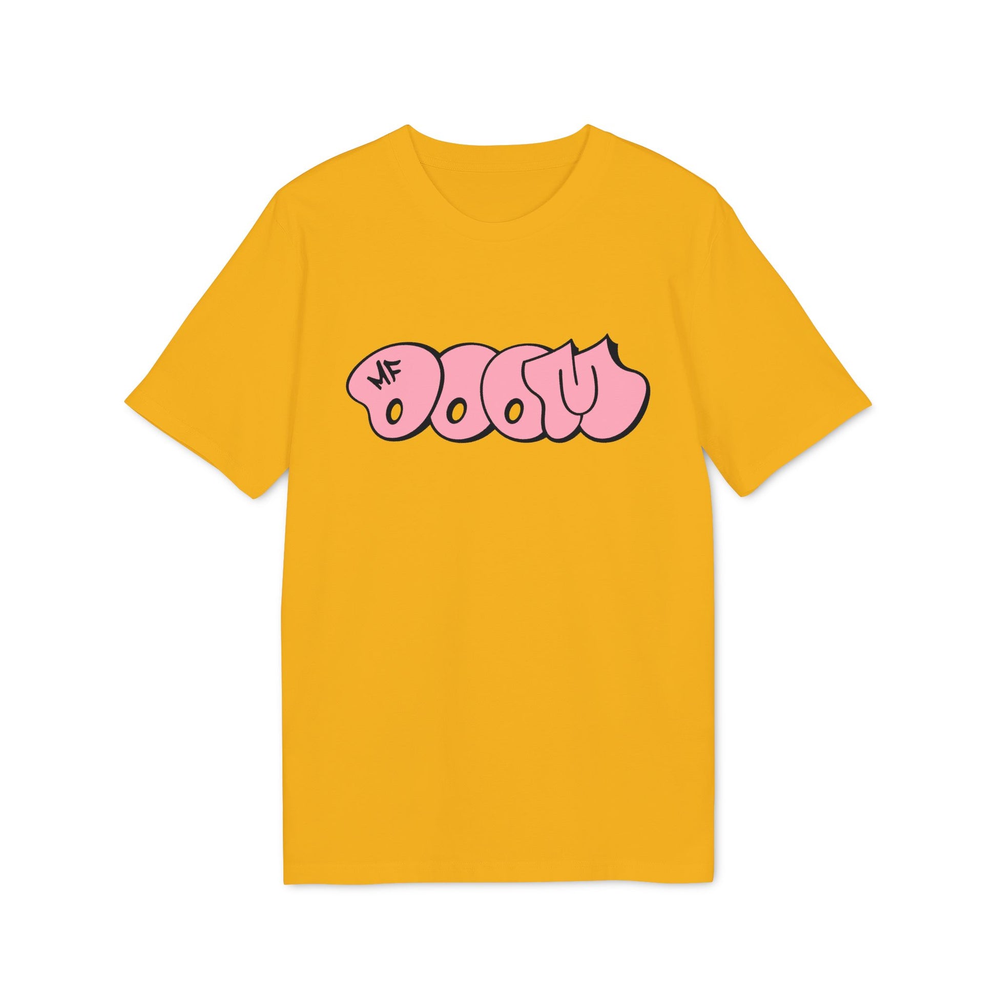 Yellow t-shirt with pink graffiti-style lettering reading "MF DOOM".