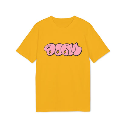 Yellow t-shirt with pink graffiti-style lettering reading "MF DOOM".