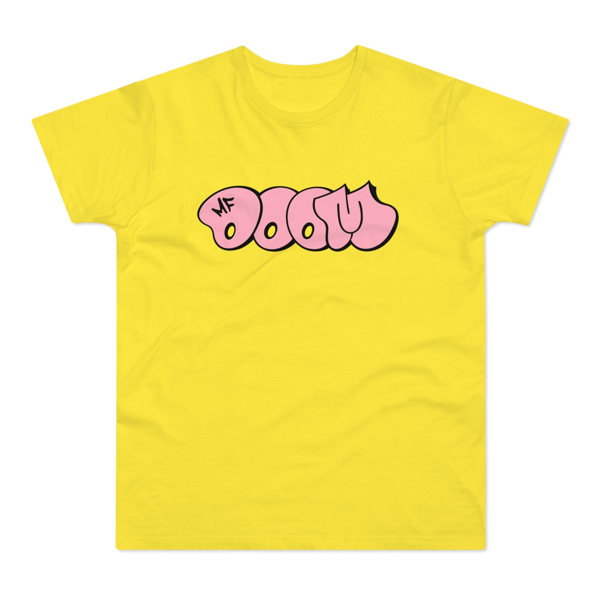 Yellow t-shirt with pink "MF DOOM" graffiti-style graphic on chest.