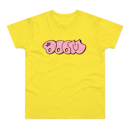 Yellow t-shirt with pink "MF DOOM" graffiti-style graphic on chest.