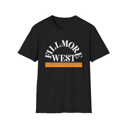Black t-shirt with white semicircle text "FILLMORE WEST" and orange stripes.