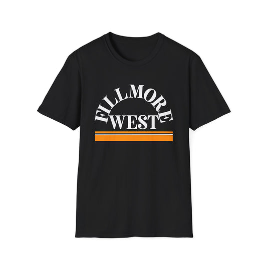 Black t-shirt with white semicircle text "FILLMORE WEST" and orange stripes.