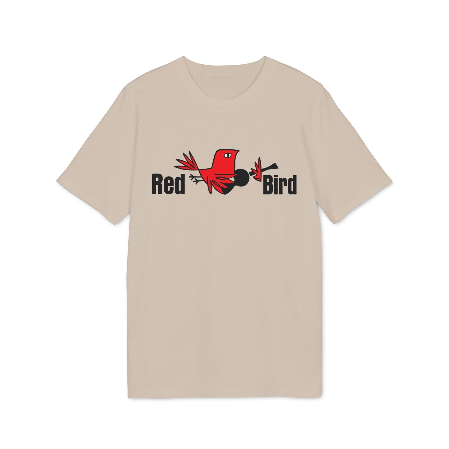 Tan t-shirt with cartoon red bird and text "Red Bird."