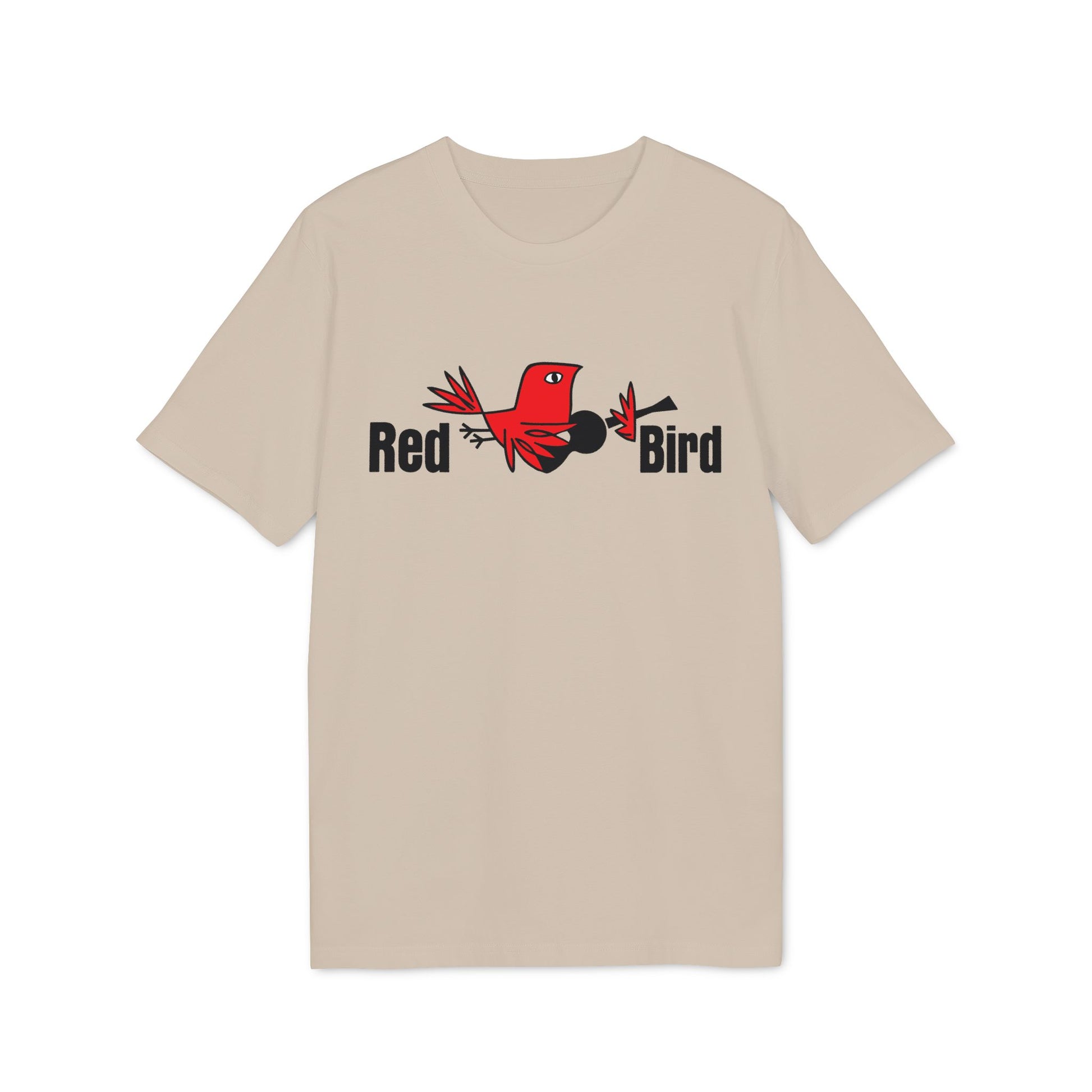 Tan t-shirt with cartoon red bird and text "Red Bird."
