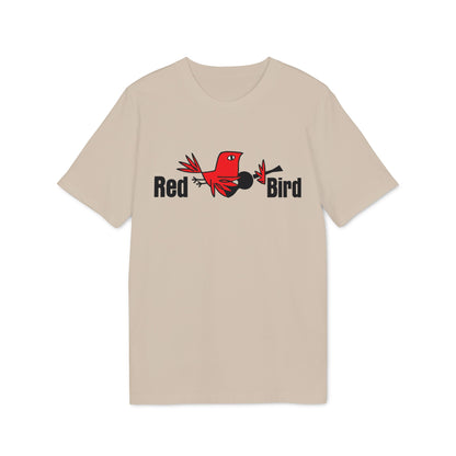 Tan t-shirt with cartoon red bird and text "Red Bird."