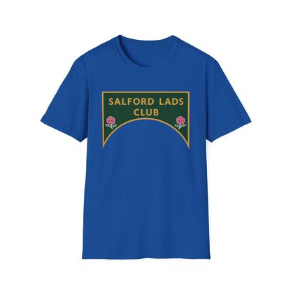 Blue t-shirt with "SALFORD LADS CLUB" text and two roses.