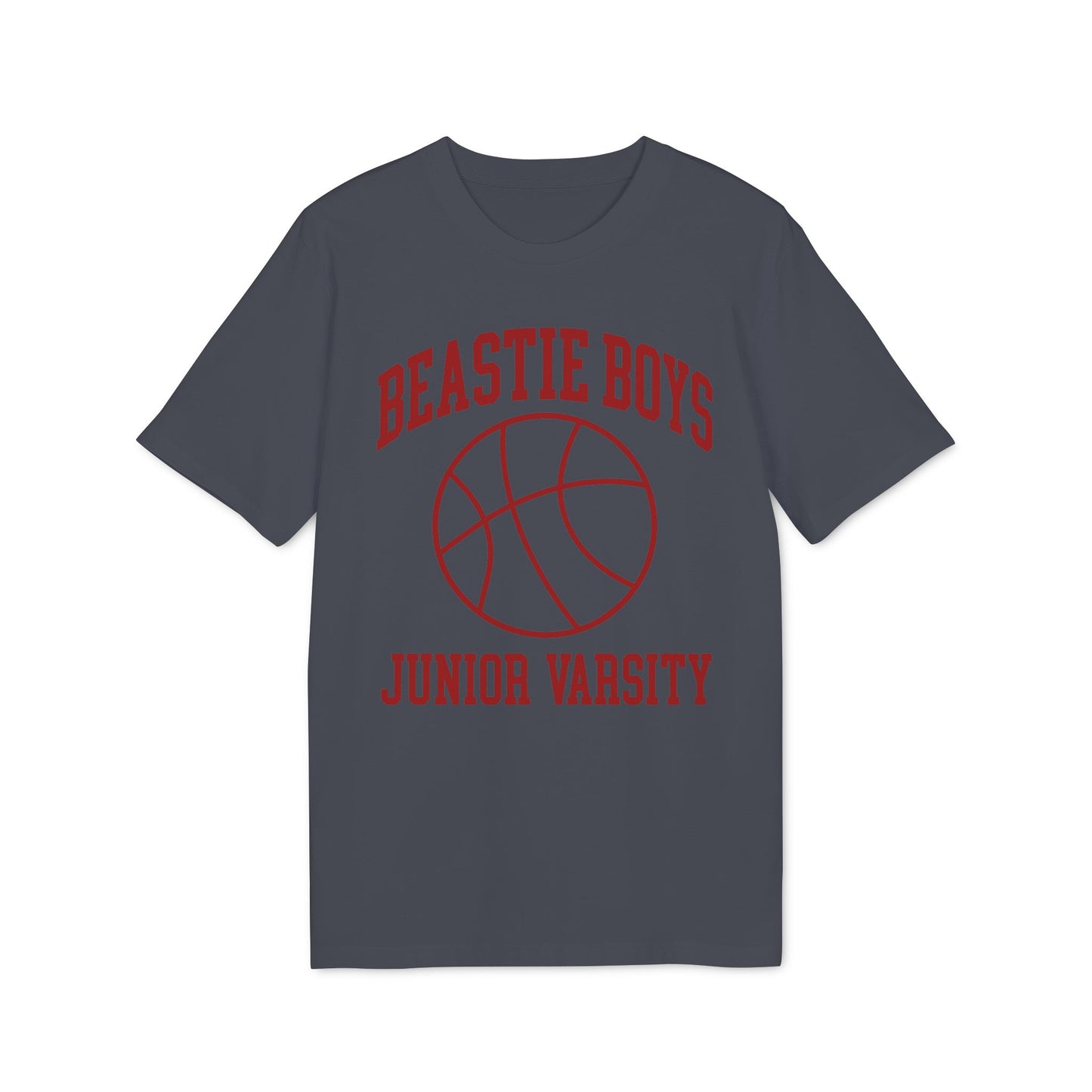 Dark grey t-shirt with red "Beastie Boys Junior Varsity" text and a basketball graphic.