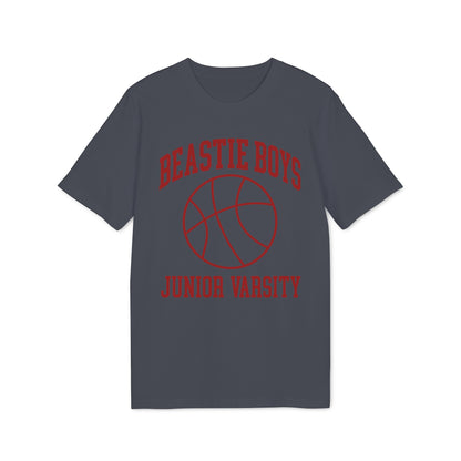 Dark grey t-shirt with red "Beastie Boys Junior Varsity" text and a basketball graphic.