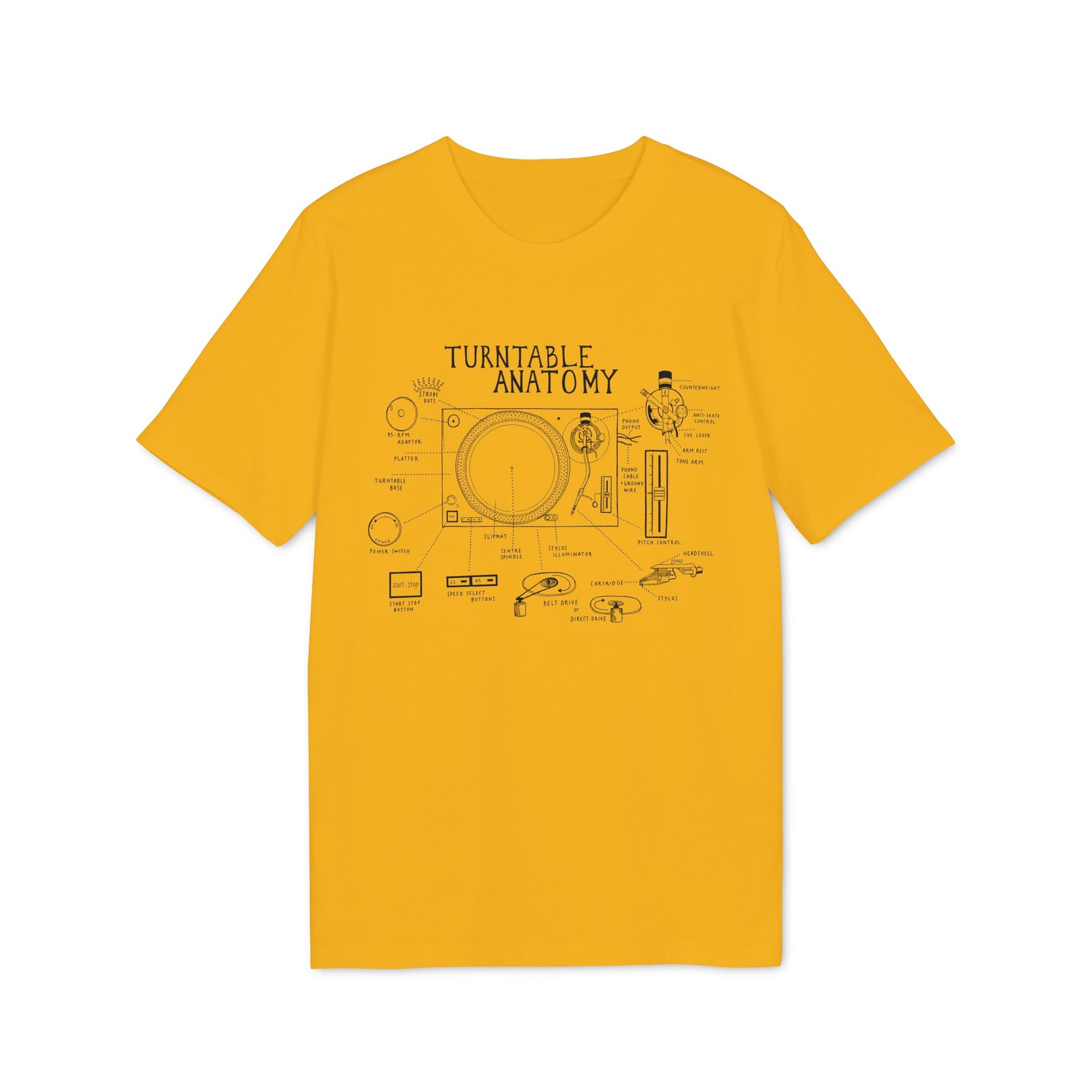 Yellow t-shirt with diagram illustrating turntable anatomy, labels pointing to components.