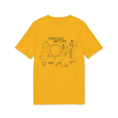 Yellow t-shirt with diagram illustrating turntable anatomy, labels pointing to components.