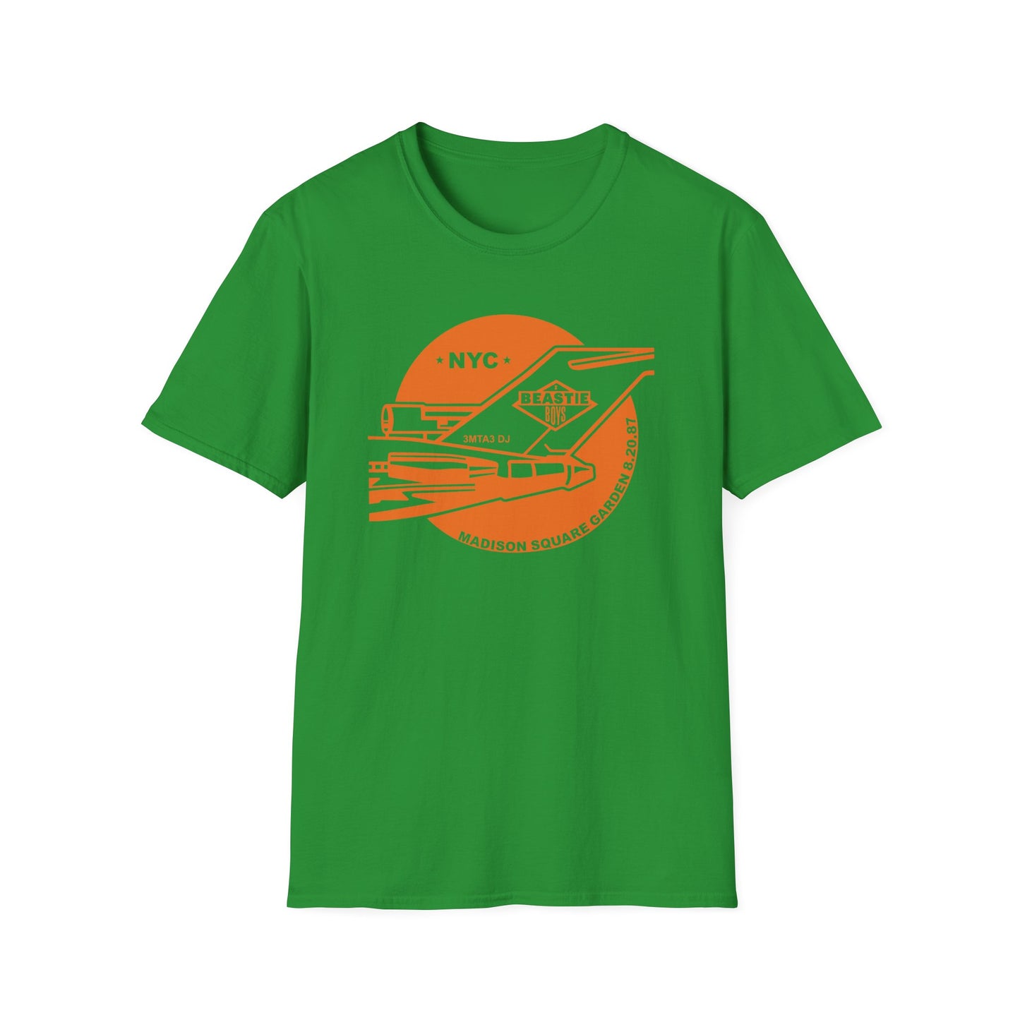 Green t-shirt with Beastie Boys NYC Madison Square Garden 8.20.87 graphic.