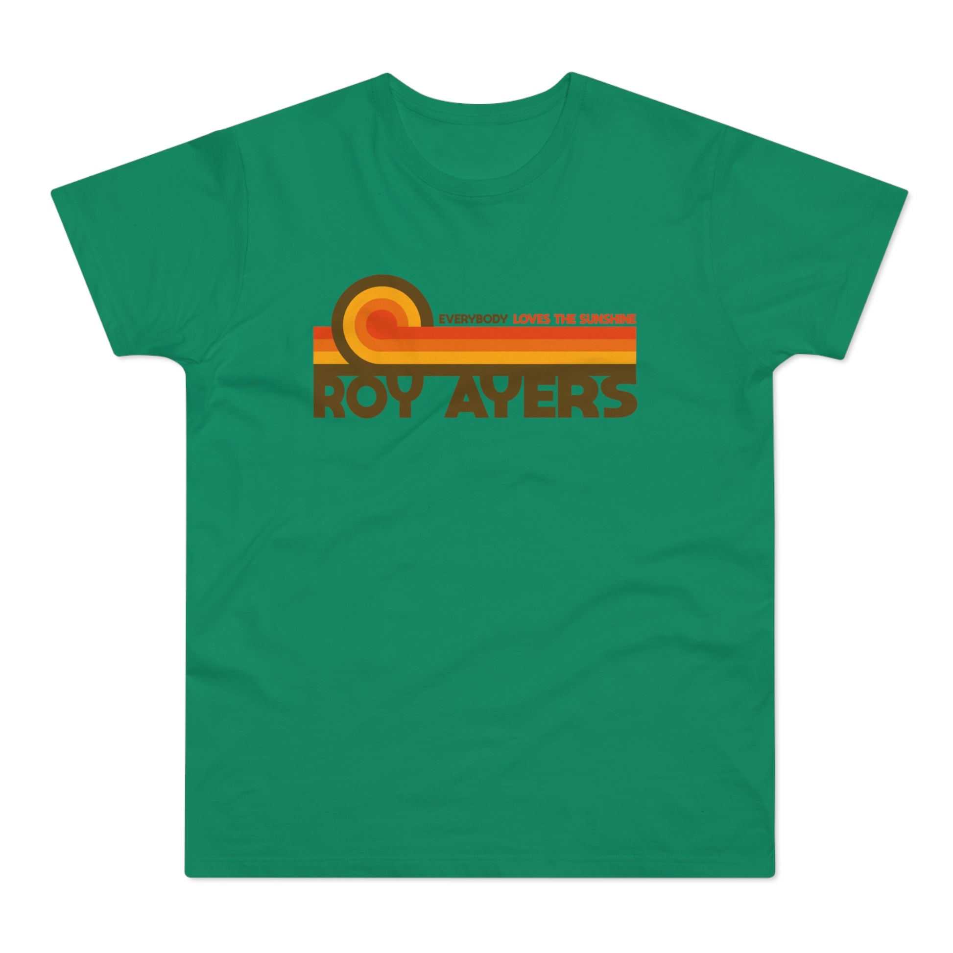 Green t-shirt with "ROY AYERS" and "EVERYBODY LOVES THE SUNSHINE" text.