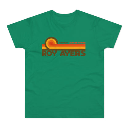Green t-shirt with "ROY AYERS" and "EVERYBODY LOVES THE SUNSHINE" text.