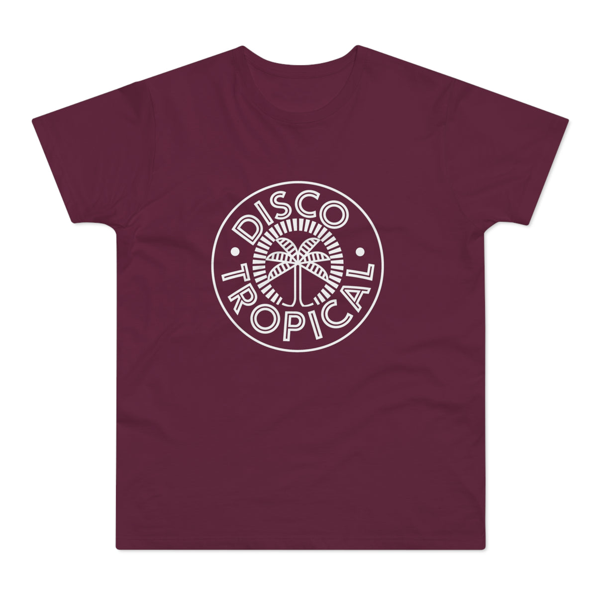 Maroon t-shirt with white "DISCO TROPICAL" text and palm tree logo.