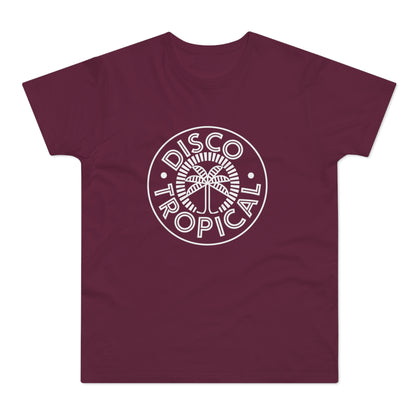 Maroon t-shirt with white "DISCO TROPICAL" text and palm tree logo.