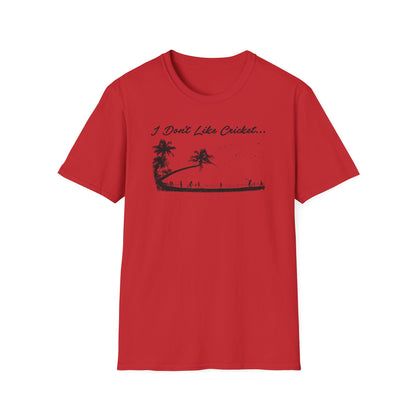 Red t-shirt with black graphic of palm trees, beach, and silhouettes playing cricket.