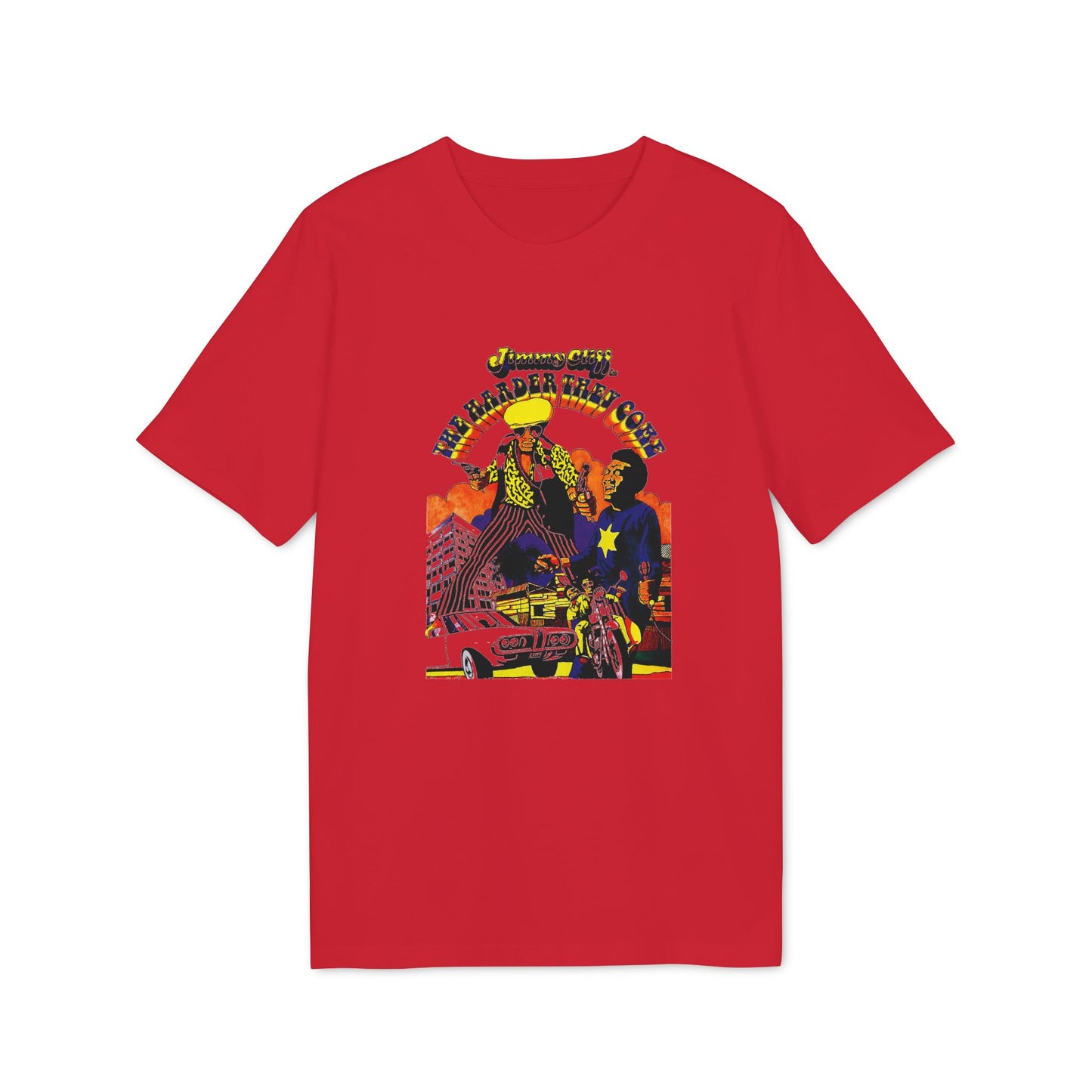 Red t-shirt featuring "Jimmy Cliff The Harder They Come" album art.