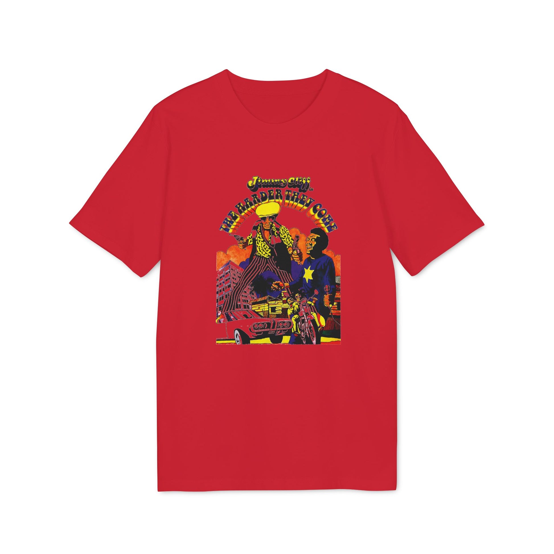 Red t-shirt featuring "Jimmy Cliff The Harder They Come" album art.