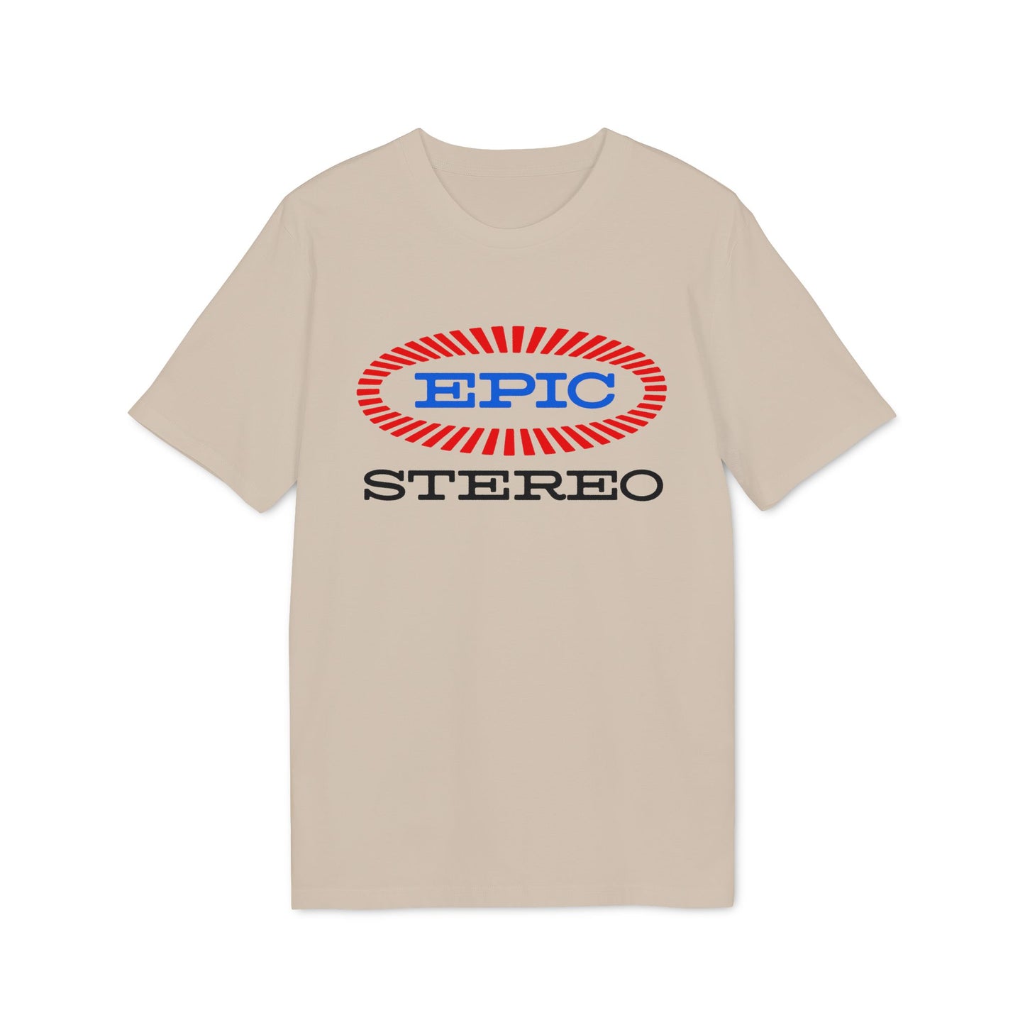 Beige t-shirt with EPIC STEREO logo graphic.