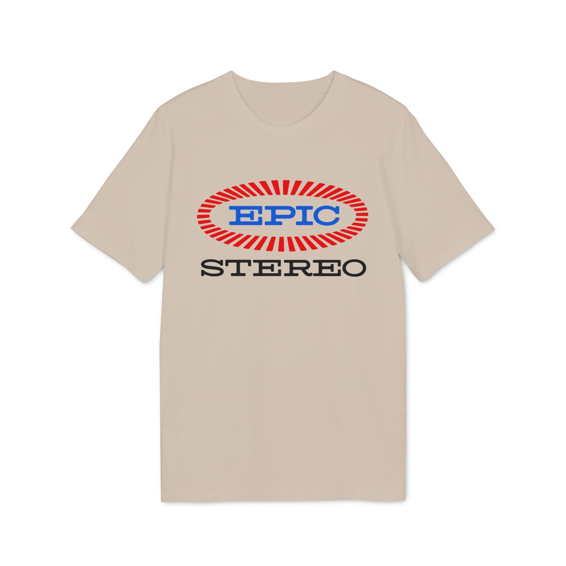 Beige t-shirt with EPIC STEREO logo graphic.