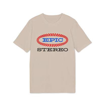 Beige t-shirt with EPIC STEREO logo graphic.