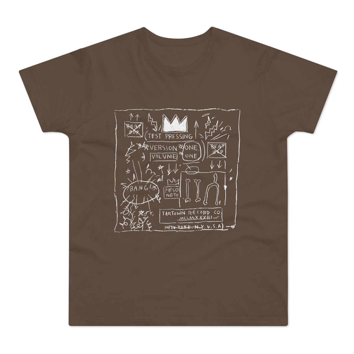 T-shirt with white drawing featuring a crown, text, and abstract figures.