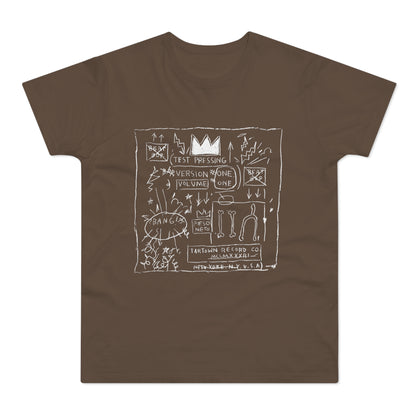 T-shirt with white drawing featuring a crown, text, and abstract figures.
