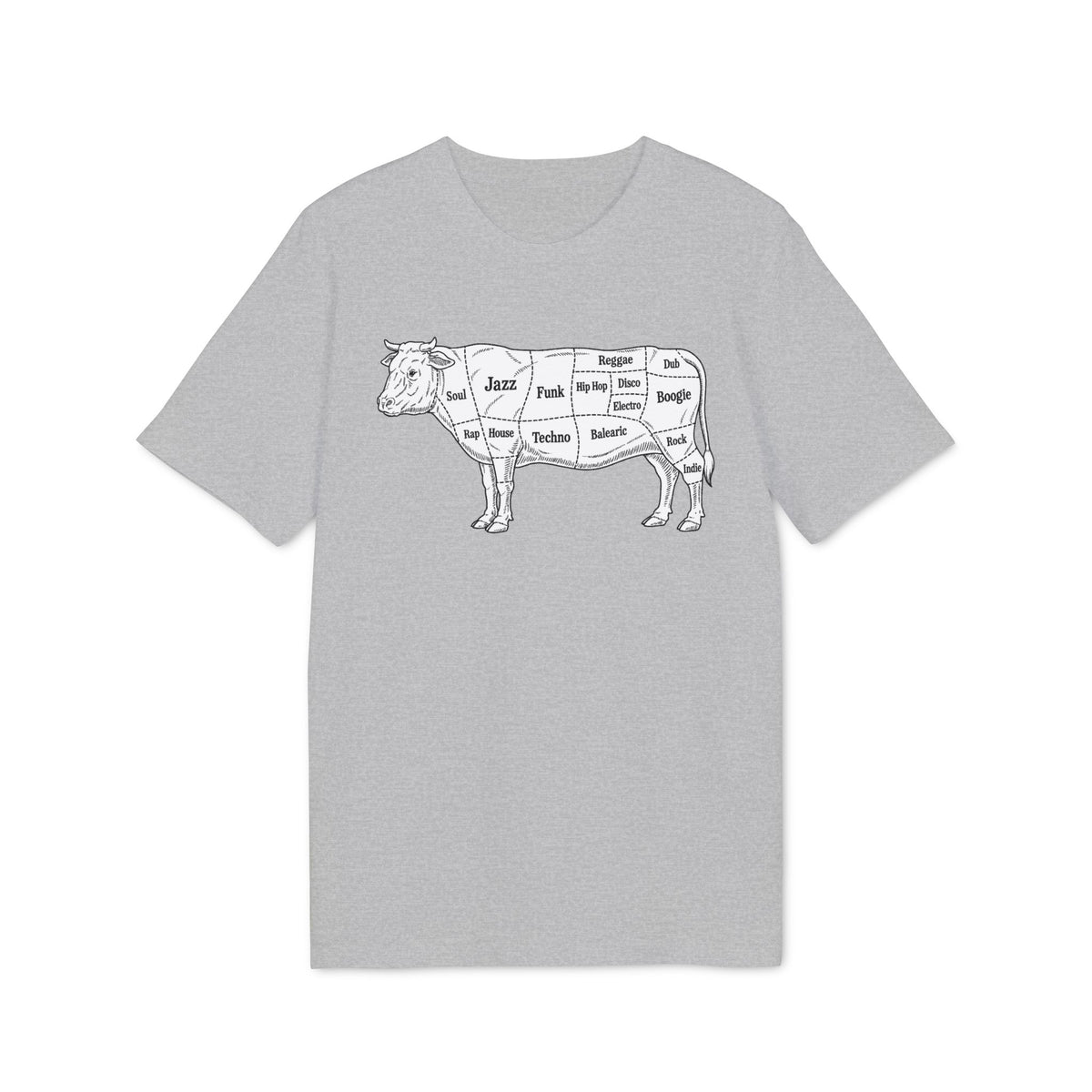 Line art diagram of a cow labeled with various music genres.