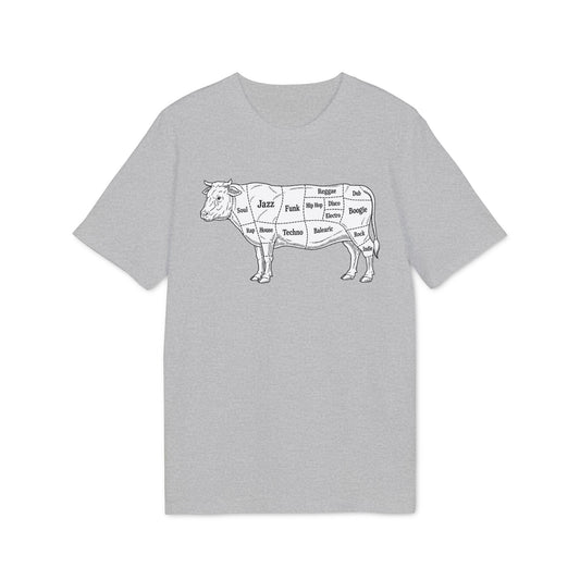 Line art diagram of a cow labeled with various music genres.