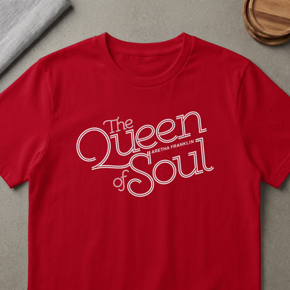 Red t-shirt with white text "The Queen of Soul Aretha Franklin".