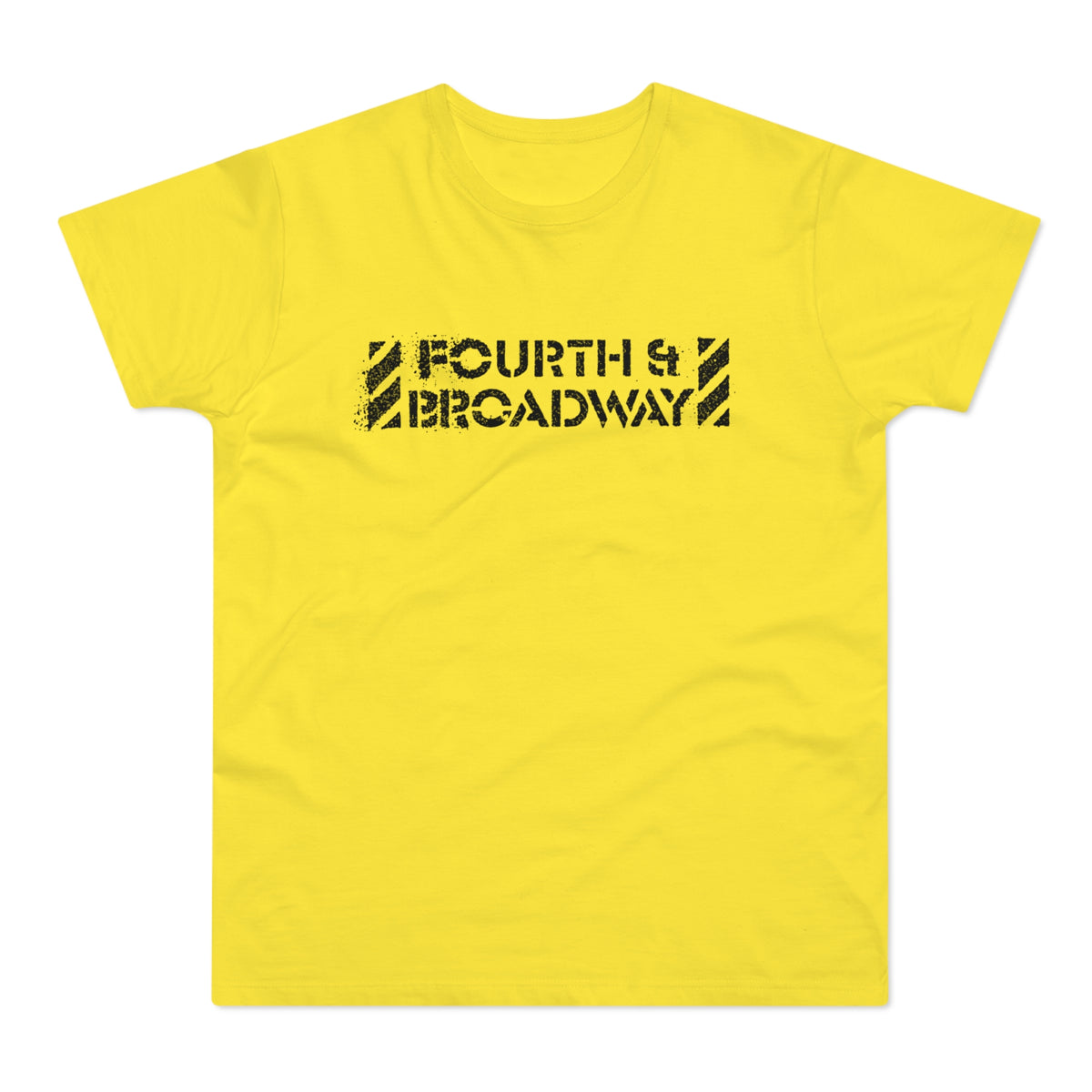 Bright yellow short-sleeved crew neck t-shirt featuring a black distressed "Fourth & Broadway" graphic on the chest.